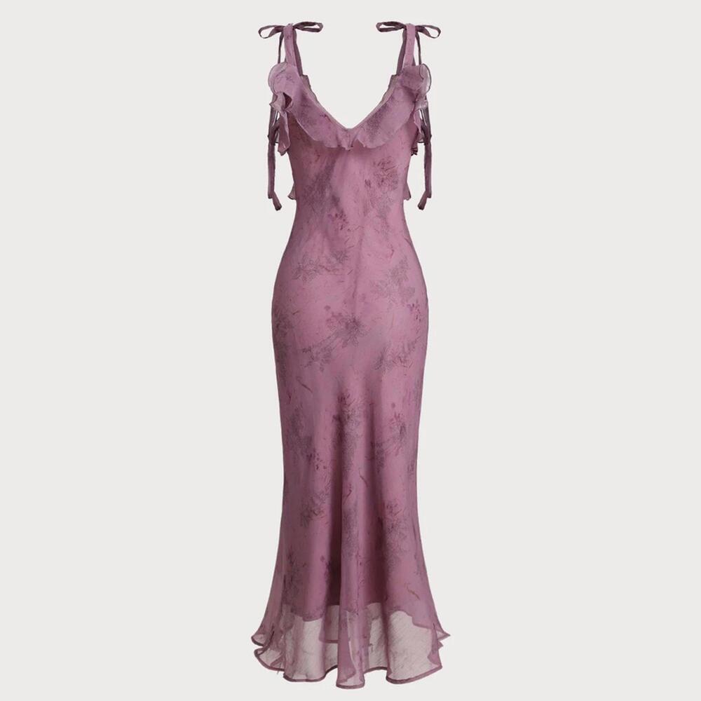 RIHOAS Purple Floral Ruffle Tie Strap Midi Dress S - Picture 2 of 4